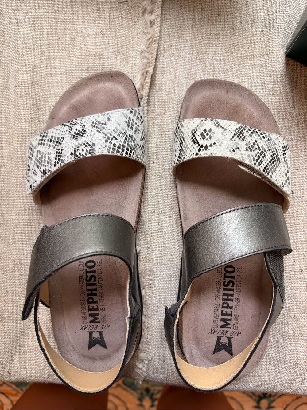 Mephisto Women's Metallic Gray Sandals with Snake-Print Strap